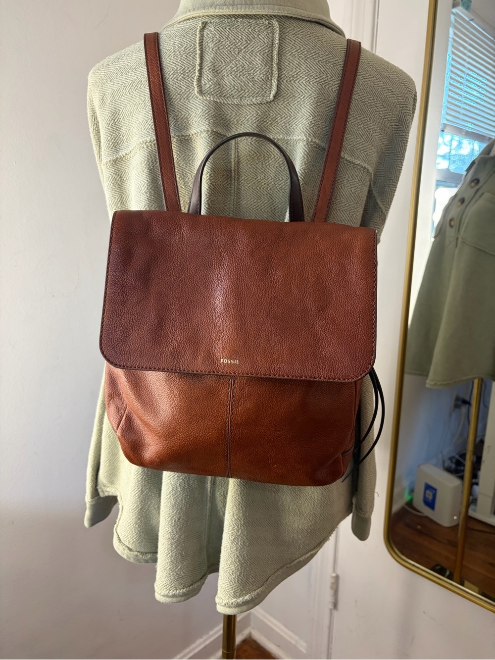 Fossil Brown Leather Flap Backpack